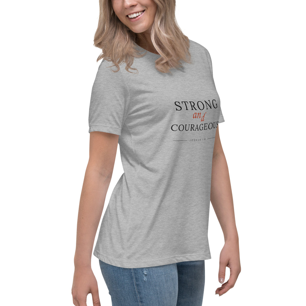 Strong & Courageous Joshua 1:9 — model wearing the athletic heather relaxed tee with jeans, front view