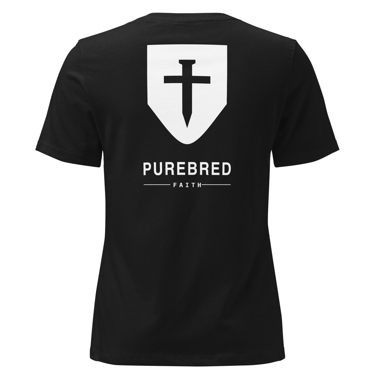 Back of the black women's relaxed tee showing the PureBred Faith cross shield and wordmark