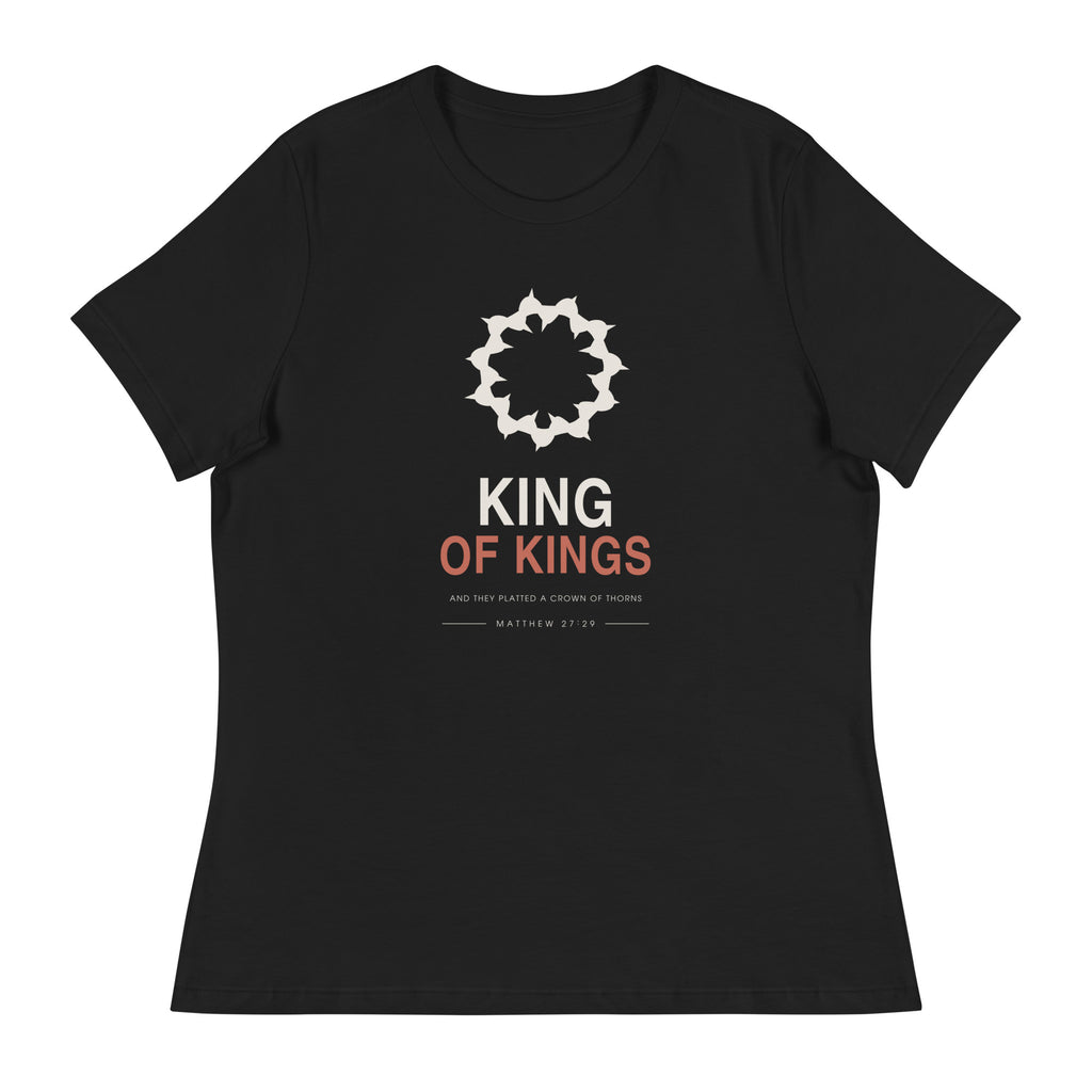 King Of Kings Women's Relaxed T-Shirt — black relaxed-fit tee, flat front view showing the crown of thorns graphic