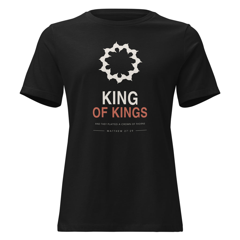 King Of Kings Women's Relaxed T-Shirt — model wearing the black relaxed tee, front view