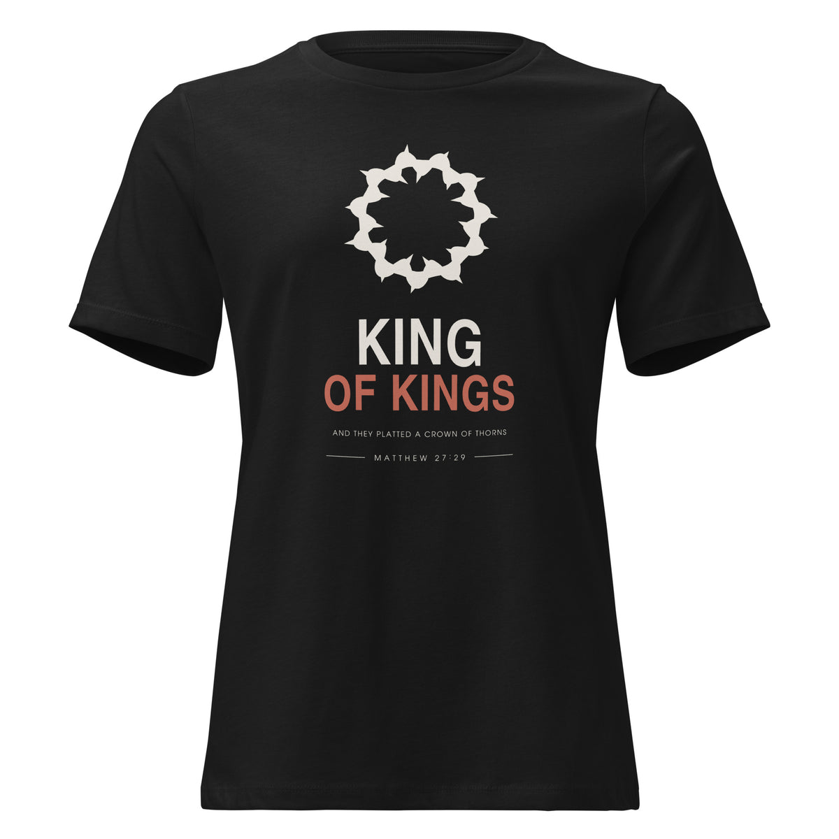 King Of Kings Women's Relaxed T-Shirt — model wearing the black relaxed tee, front view