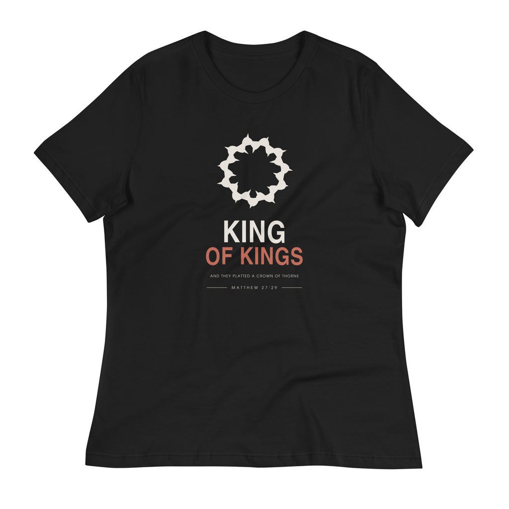 King Of Kings Women's Relaxed T-Shirt — model wearing the black relaxed tee with jeans, front view