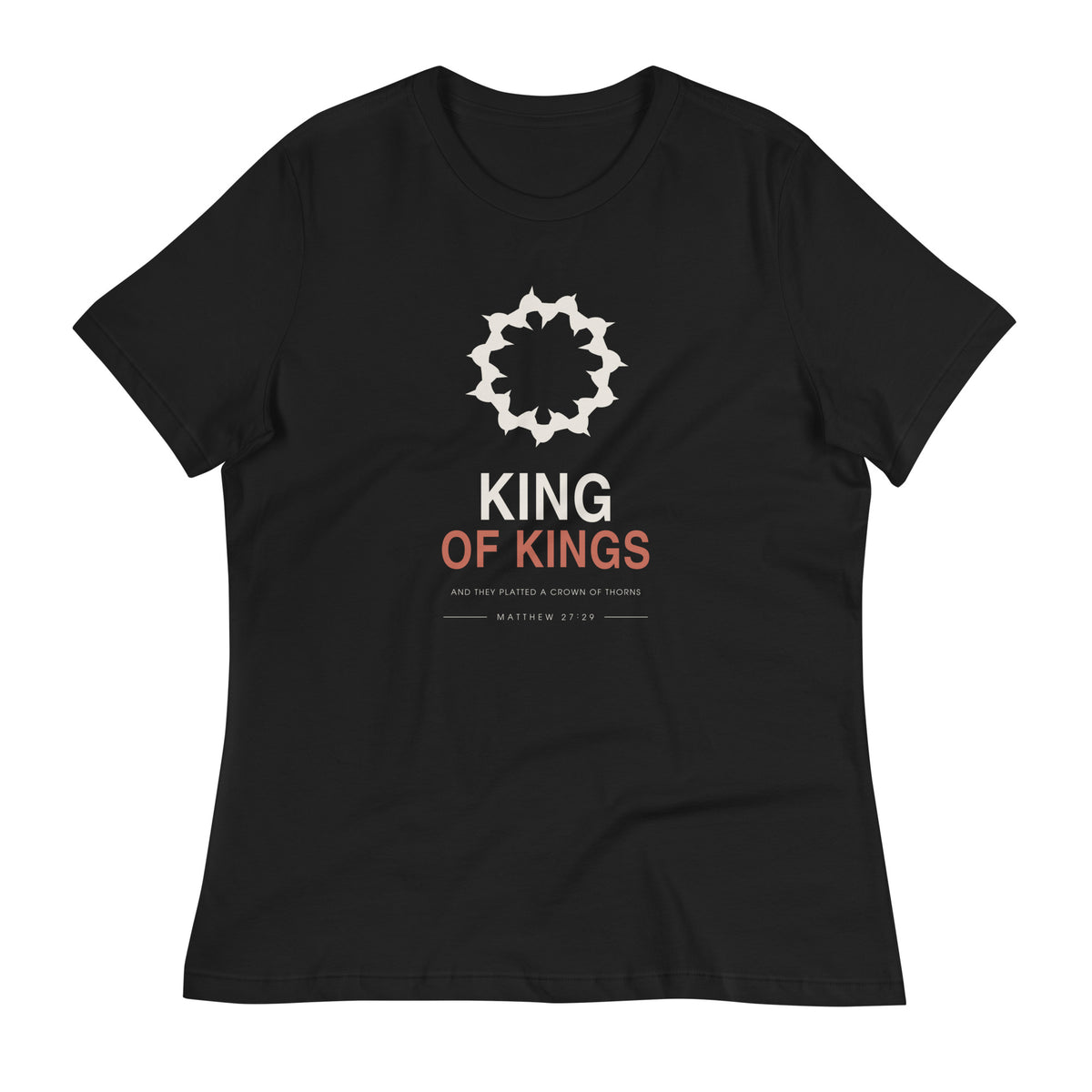 King Of Kings Women's Relaxed T-Shirt — model wearing the black relaxed tee with jeans, front view