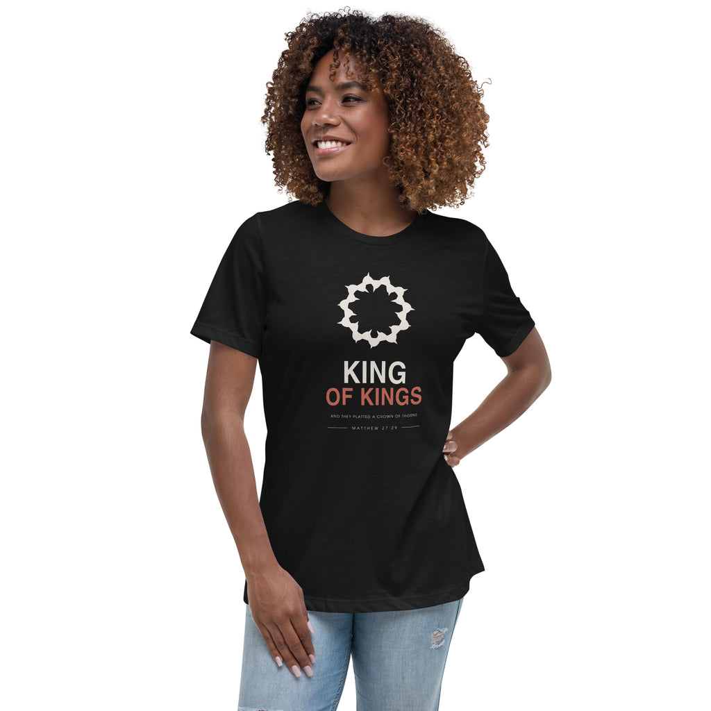 King Of Kings Women's Relaxed T-Shirt — detail of the crown of thorns print on the black relaxed tee
