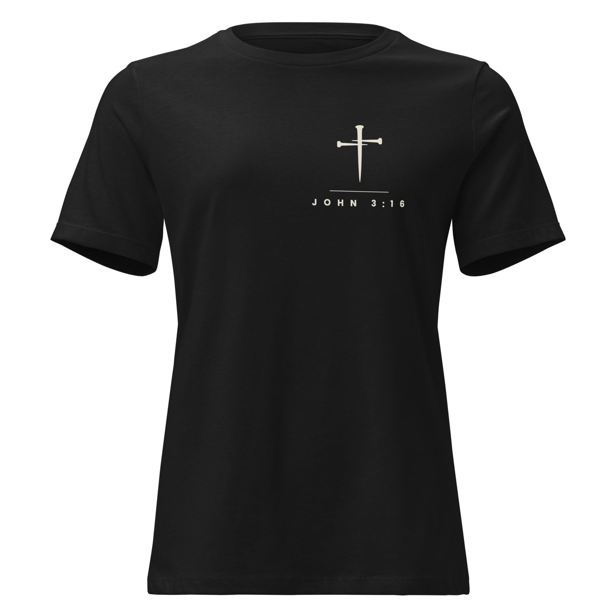 Black women's relaxed PureBred Faith tee, front view, with the three-nail cross and John 3:16 on the left chest