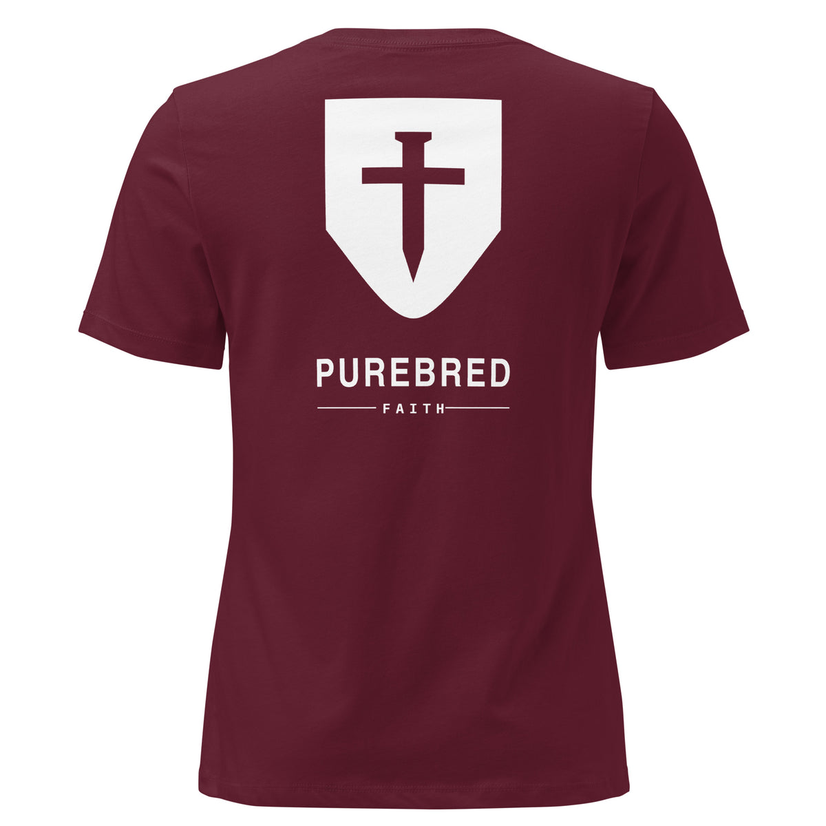 Back of the maroon women's relaxed tee showing the PureBred Faith cross shield and wordmark