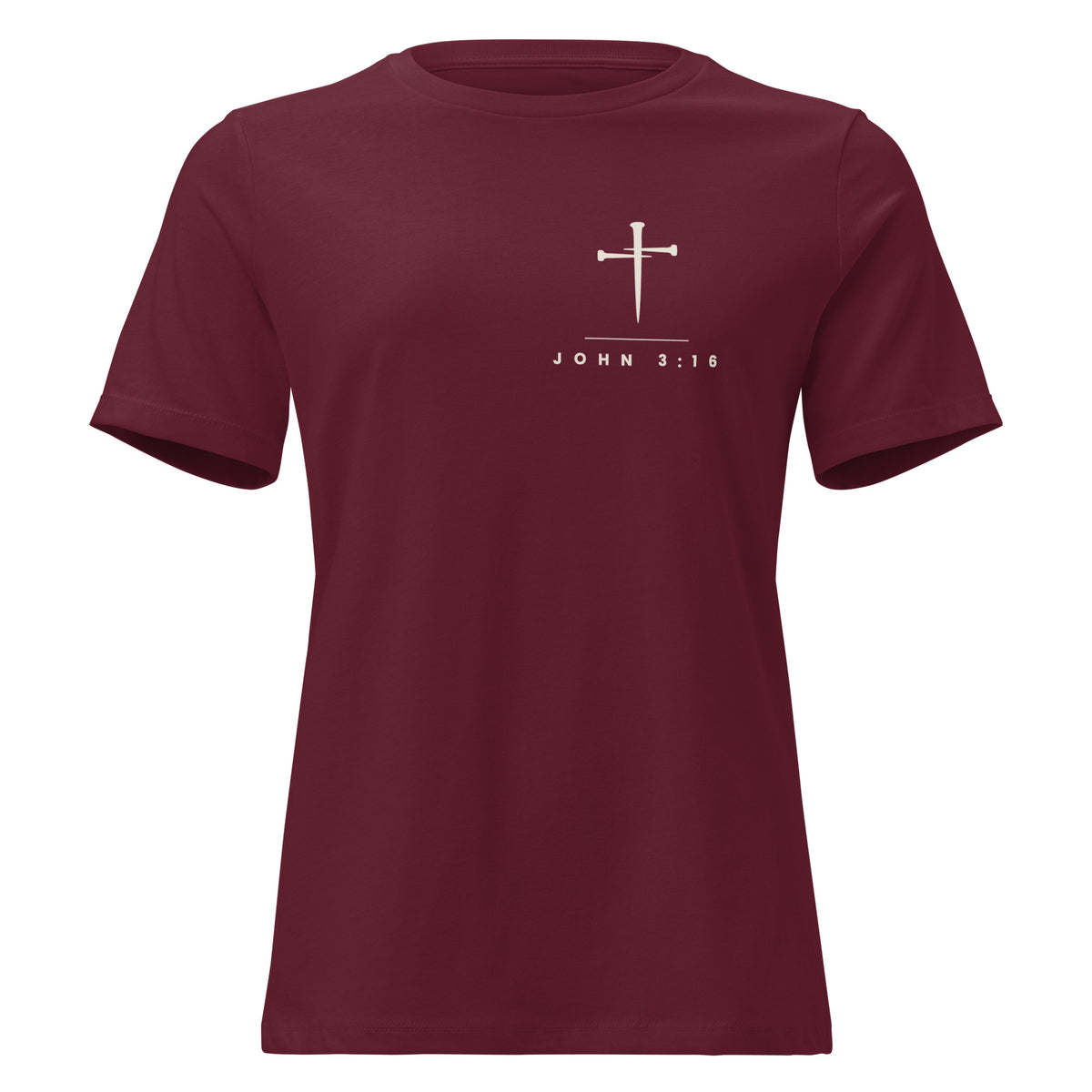 Maroon women's relaxed PureBred Faith tee, front view, with the three-nail cross and John 3:16 on the left chest