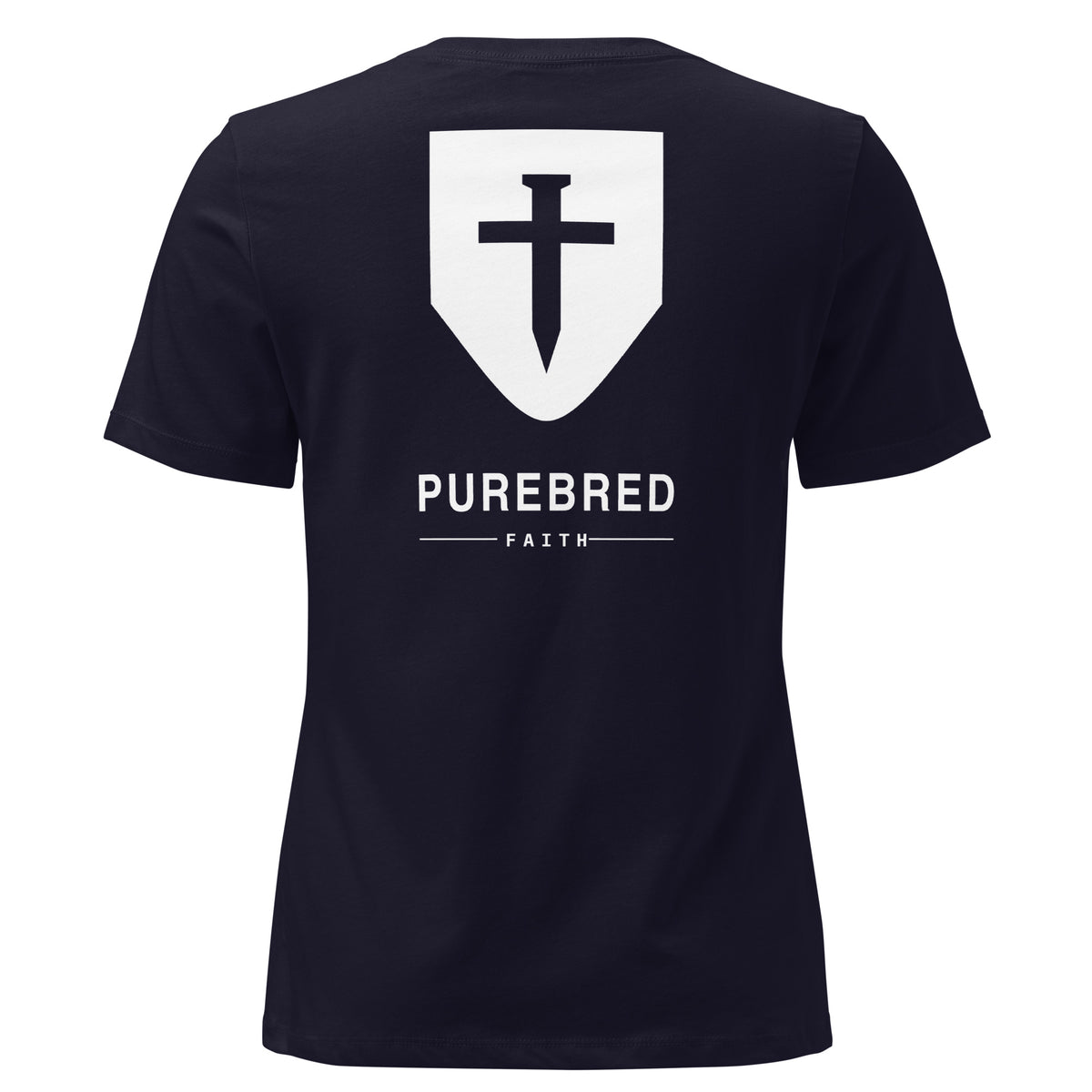 Back of the navy women's relaxed tee showing the PureBred Faith cross shield and wordmark