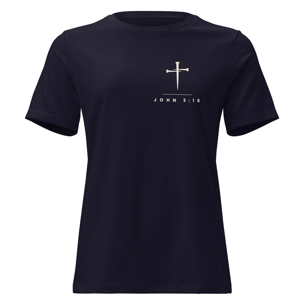 Navy women's relaxed PureBred Faith tee, front view, with the three-nail cross and John 3:16 on the left chest