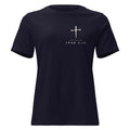 Navy women's relaxed PureBred Faith tee, front view, with the three-nail cross and John 3:16 on the left chest