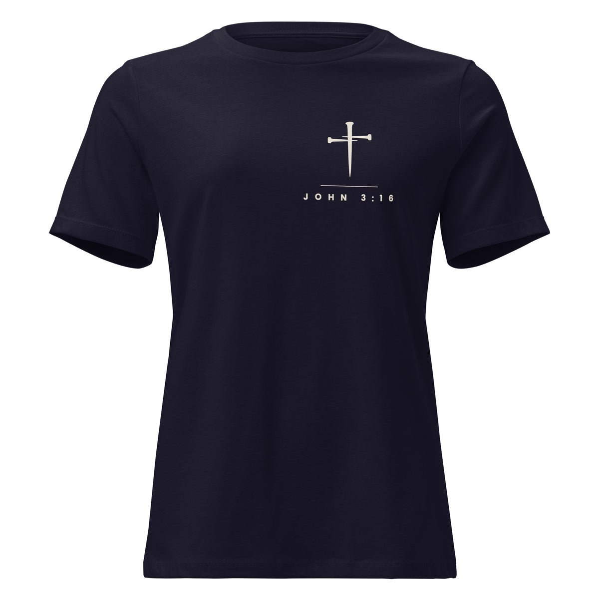 Navy women's relaxed PureBred Faith tee, front view, with the three-nail cross and John 3:16 on the left chest