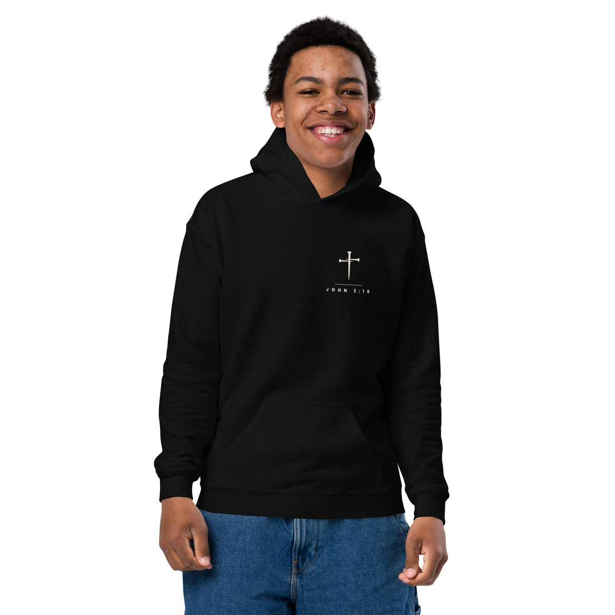 John 3:16 Kids Hoodie - black, front view close up