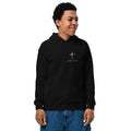 John 3:16 Cross & Nails Kids Hoodie - black, front view with the cross and nails on the left chest