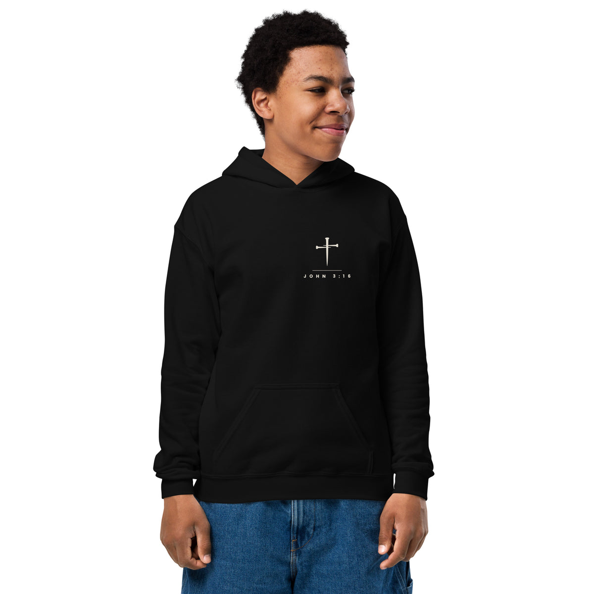John 3:16 Cross & Nails Kids Hoodie - black, front view with the cross and nails on the left chest