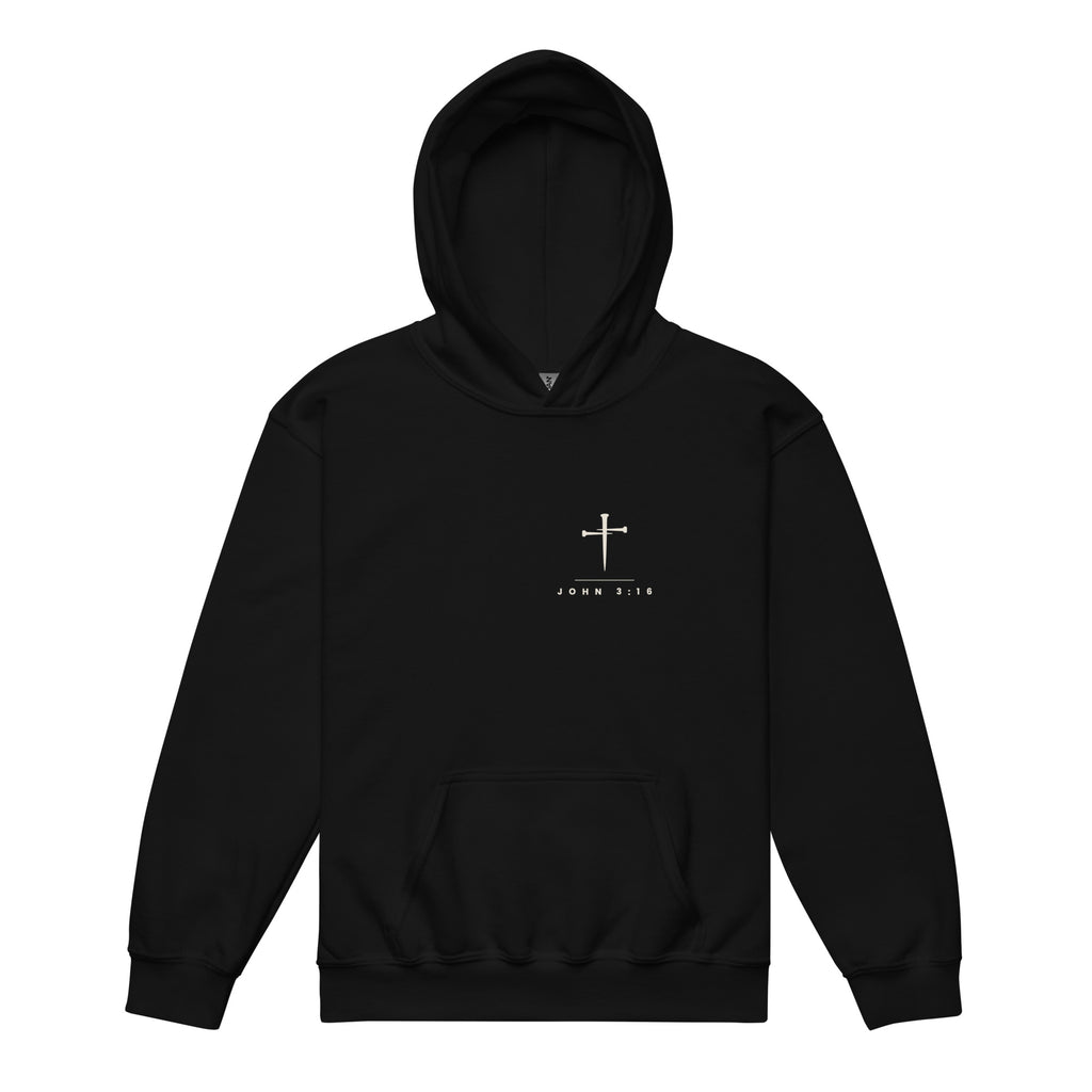 John 3:16 Kids Hoodie worn - black, front view