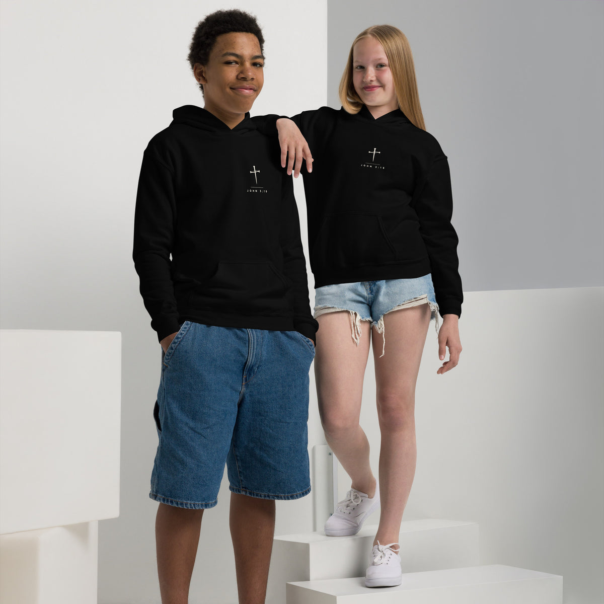 John 3:16 Kids Hoodie lifestyle - black, front view