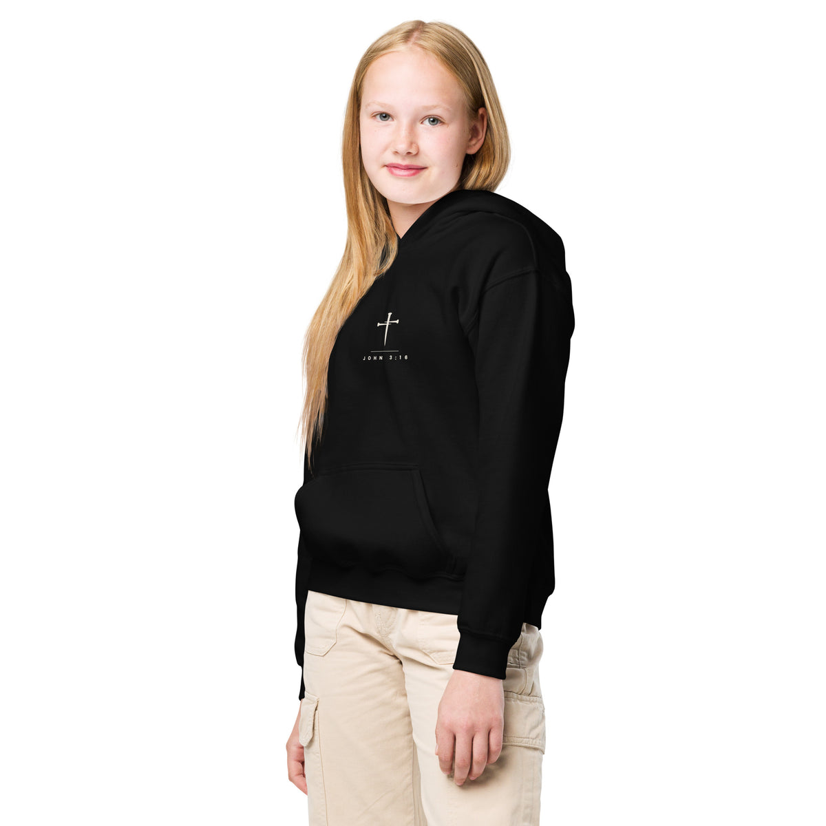 John 3:16 Kids Hoodie worn - black, left front angle