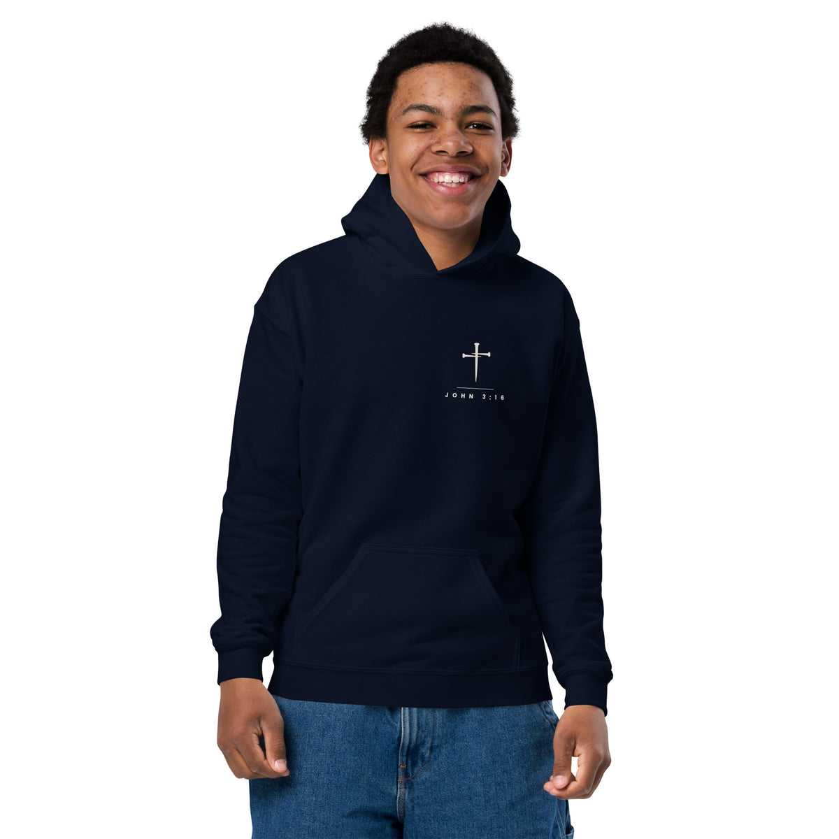 John 3:16 Kids Hoodie - navy, front view close up