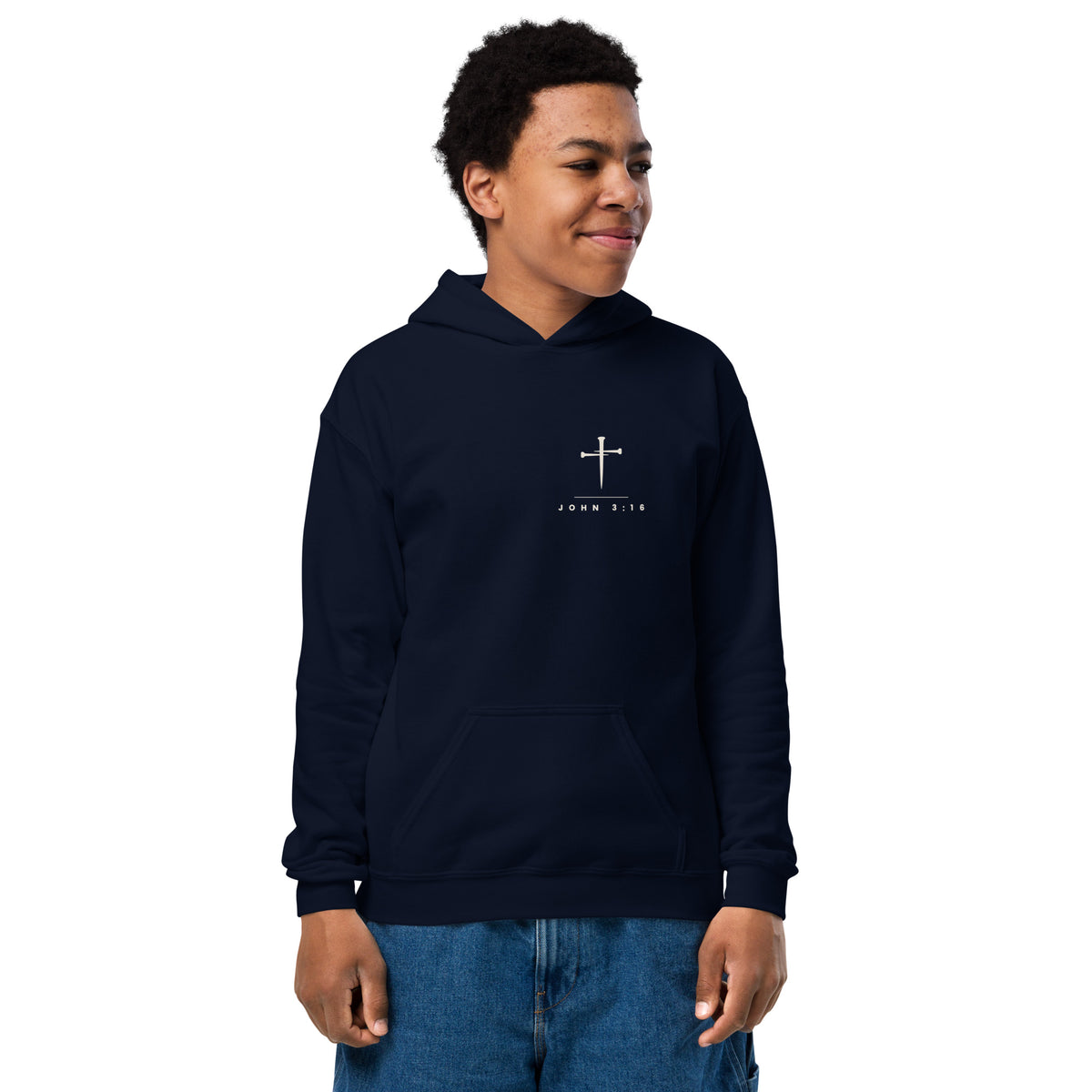 John 3:16 Cross & Nails Kids Hoodie - navy, front view