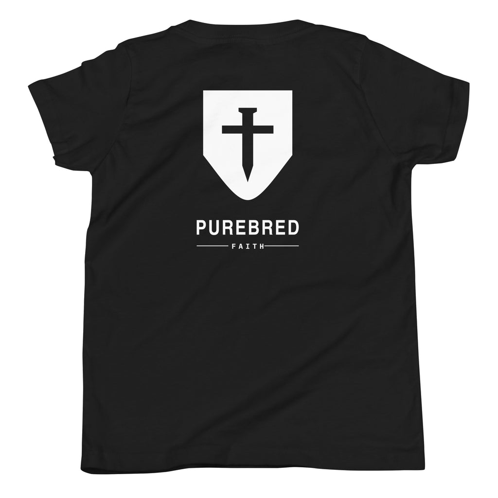 Back of the black kids tee showing the PureBred Faith cross shield and wordmark