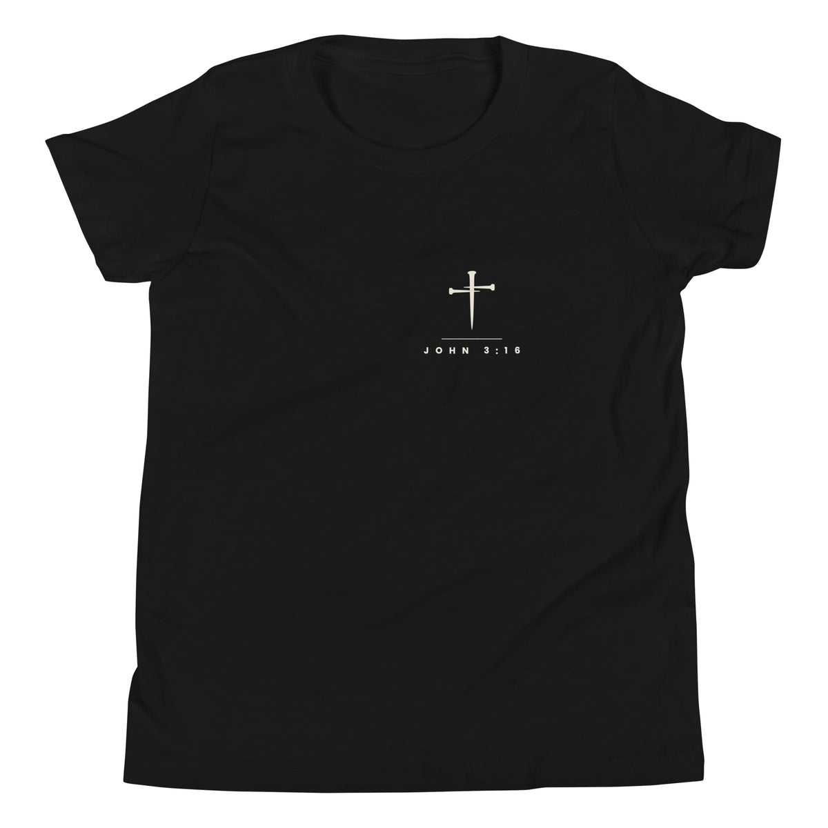 Black kids PureBred Faith tee, front view, with the three-nail cross and John 3:16 on the left chest