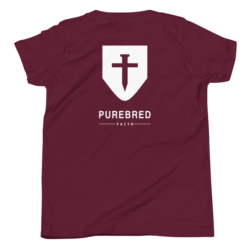 Back of the maroon kids tee showing the PureBred Faith cross shield and wordmark