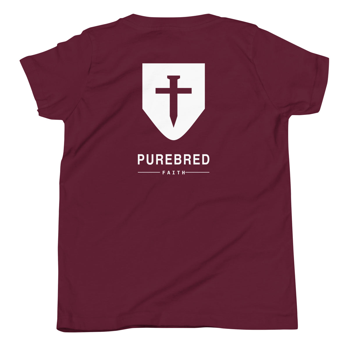 Back of the maroon kids tee showing the PureBred Faith cross shield and wordmark