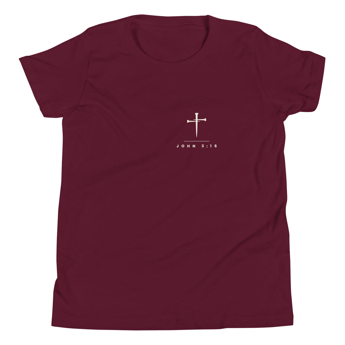 Maroon kids PureBred Faith tee, front view, with the three-nail cross and John 3:16 on the left chest