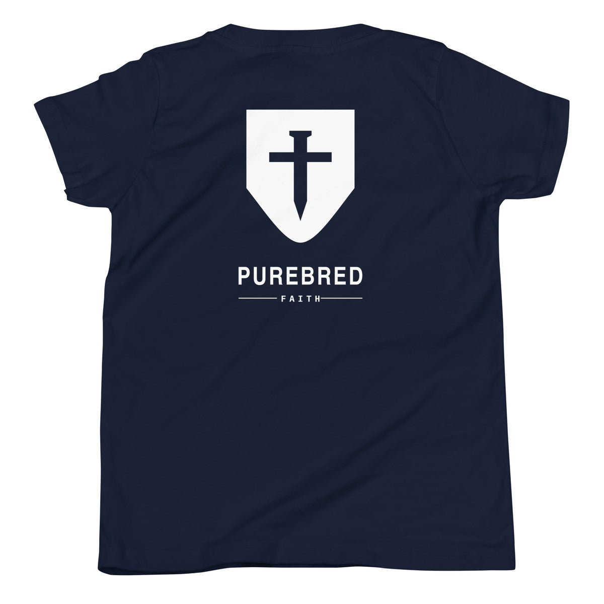 Back of the navy kids tee showing the PureBred Faith cross shield and wordmark