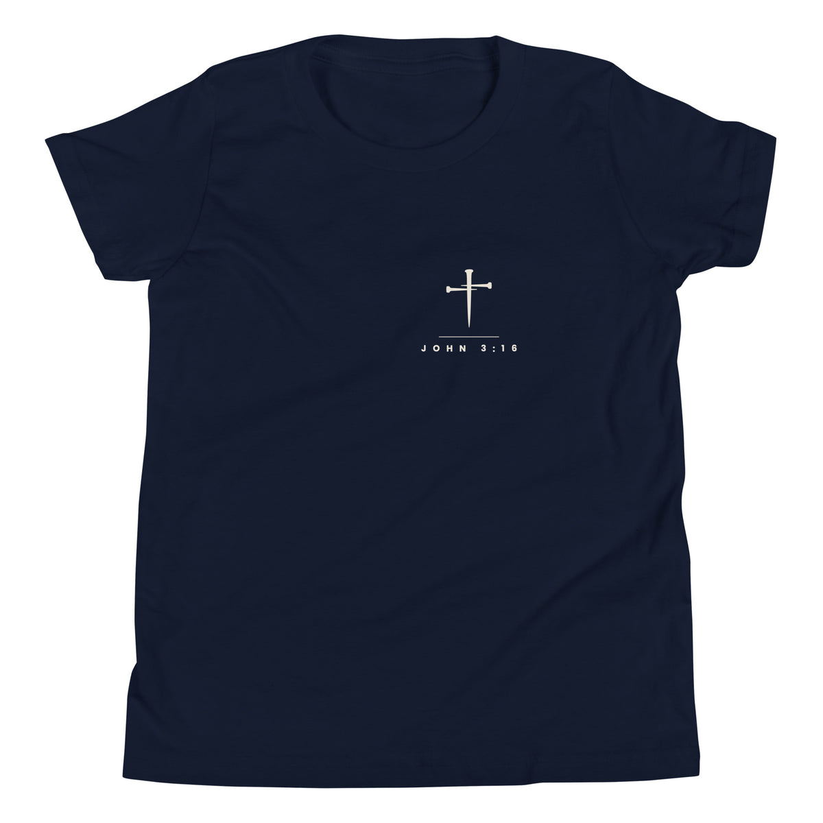 Navy kids PureBred Faith tee, front view, with the three-nail cross and John 3:16 on the left chest